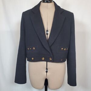 Zara Women's Blazer Large Black Textured Tweed Cotton Gold Detailed Buttons
